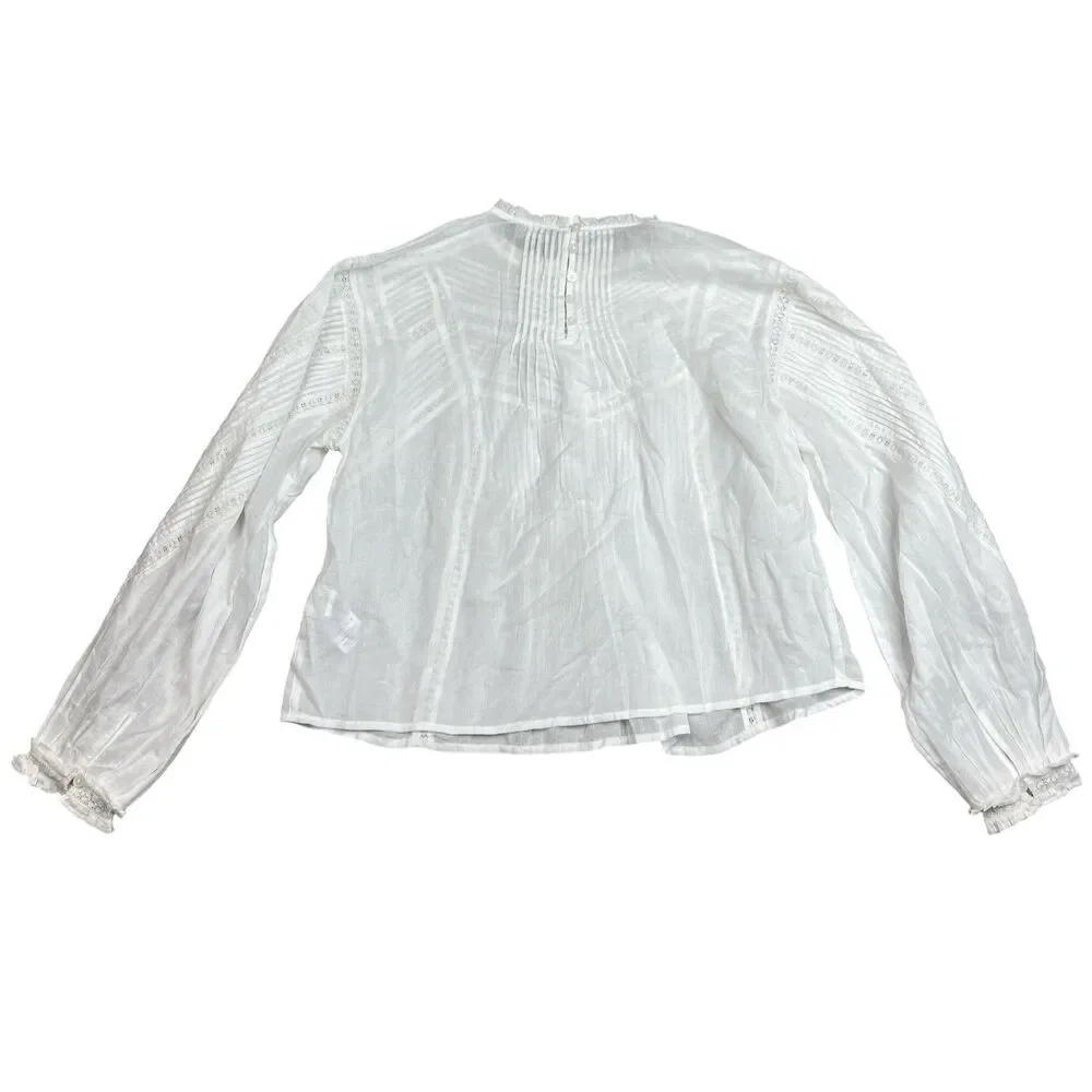 Madewell Pintuck Lace Blouse White Long Sleeve Equestrian Preppy‎ Top Womens M